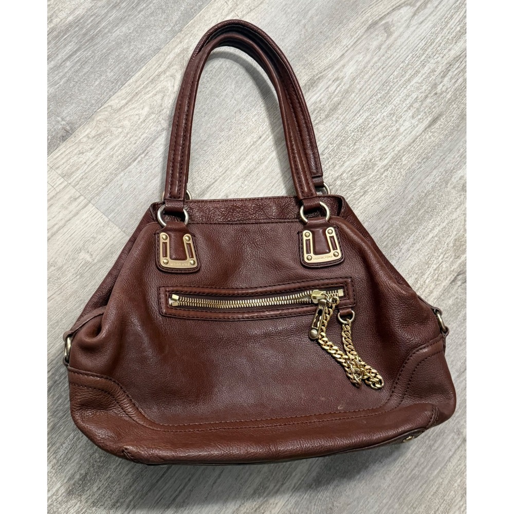 Michael Kors Brown Pebbled Leather Tote Bag Gold Chain Accent Shoulder Bag